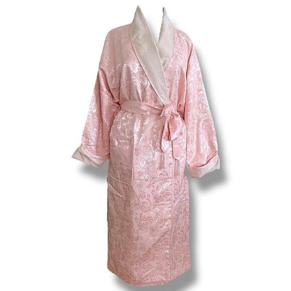 Vintage Victorias Secret Crown Gold Label Robe Medium Large Pink Satin Jacquard - Picture 5 of 12